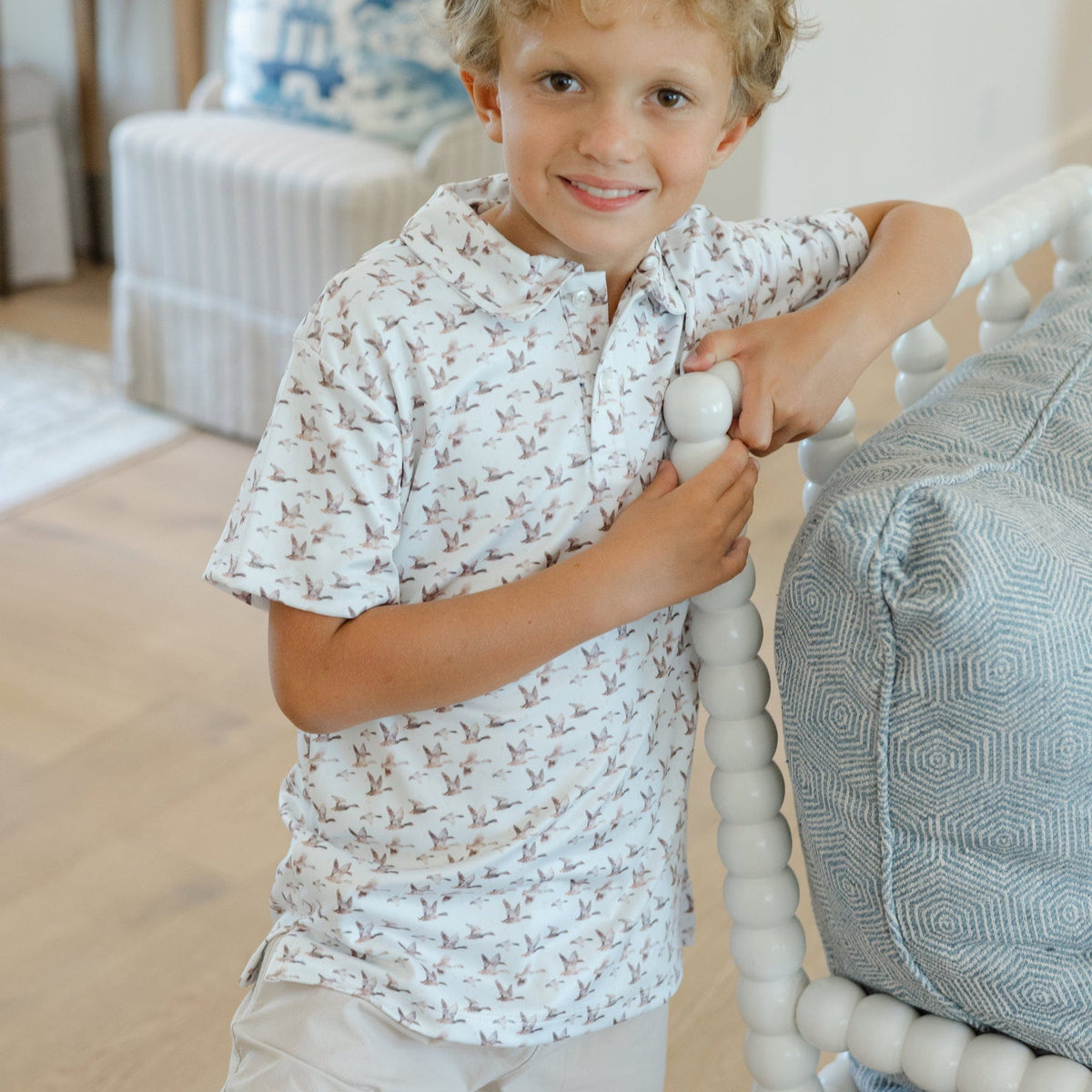 Bailey Boys Henry Short Sleeve Performance Polo, Ducks on Tan - Little Miss Muffin Children & Home