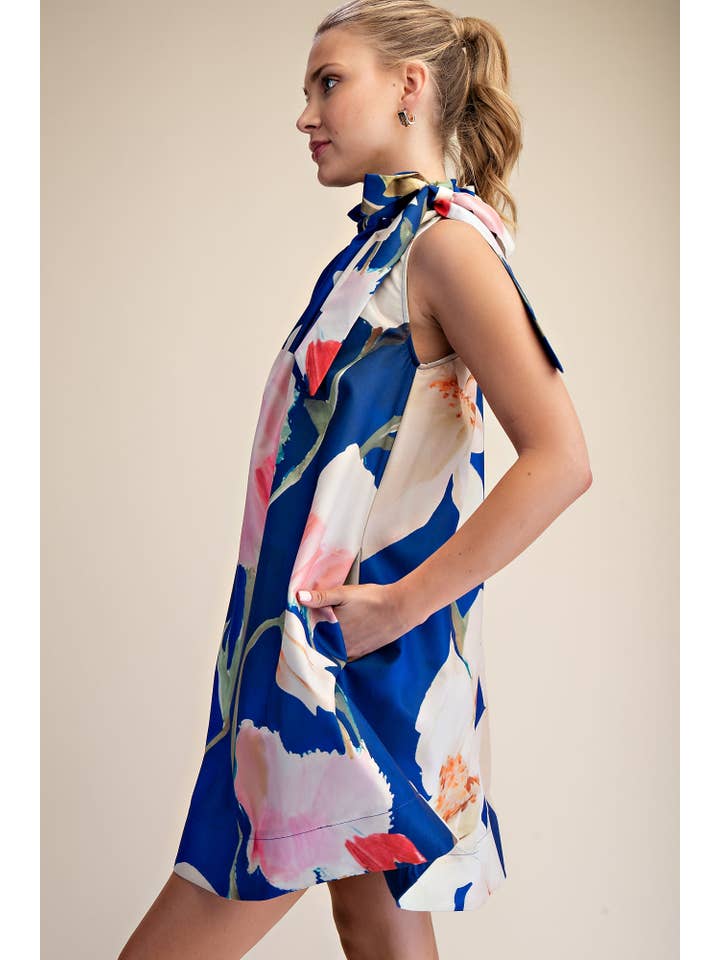Floral Print Ruffle Tie Neck Sleeveless Mini Dress