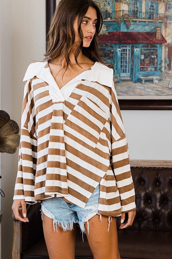 Bucketlist Bucketlist Soft Brush Striped Big Collared Pullover Sweatshirt in Taupe Multi - Little Miss Muffin Children & Home
