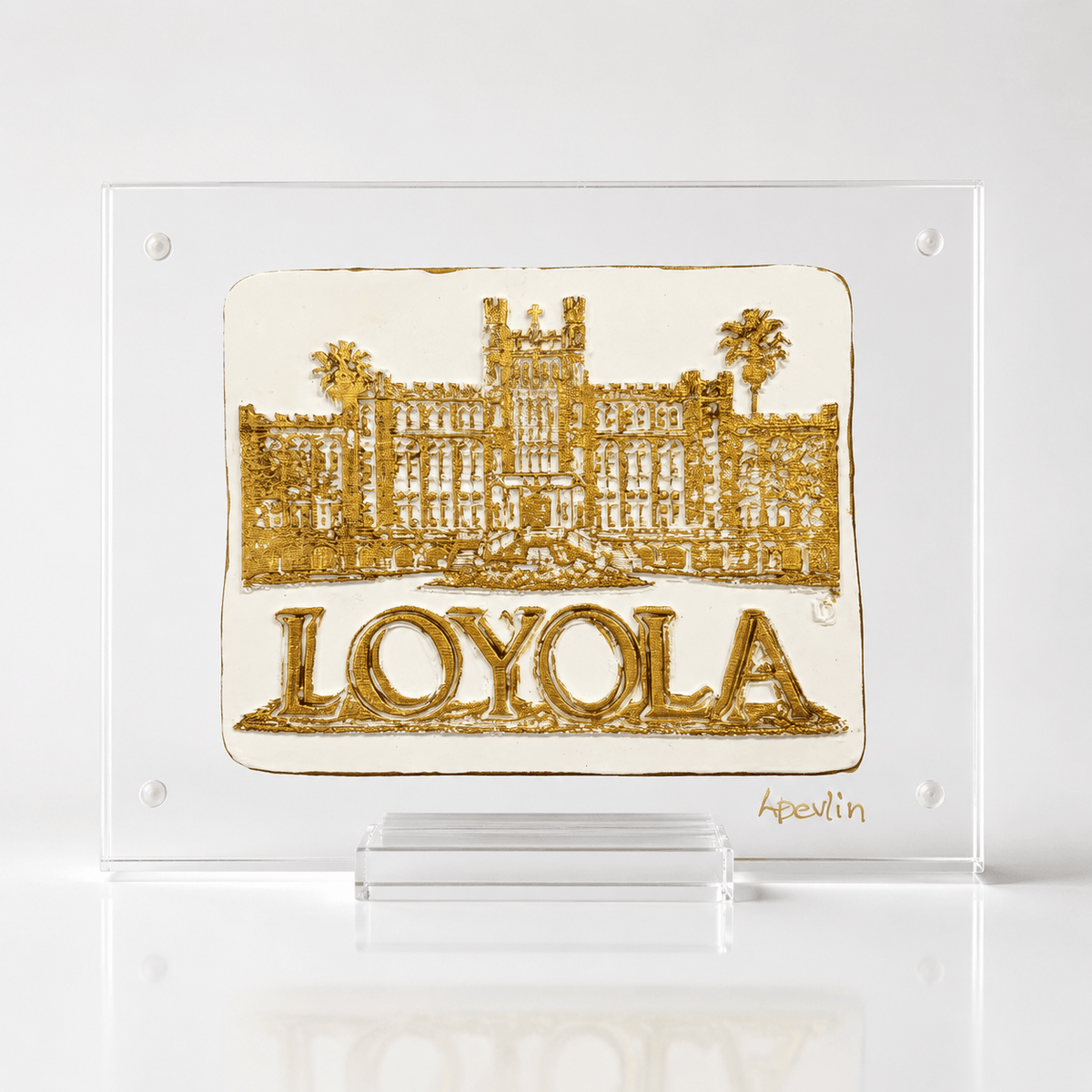 Loyola Clay Piece on Acrylic – Handcrafted Wall Art by Lisa Devlin
