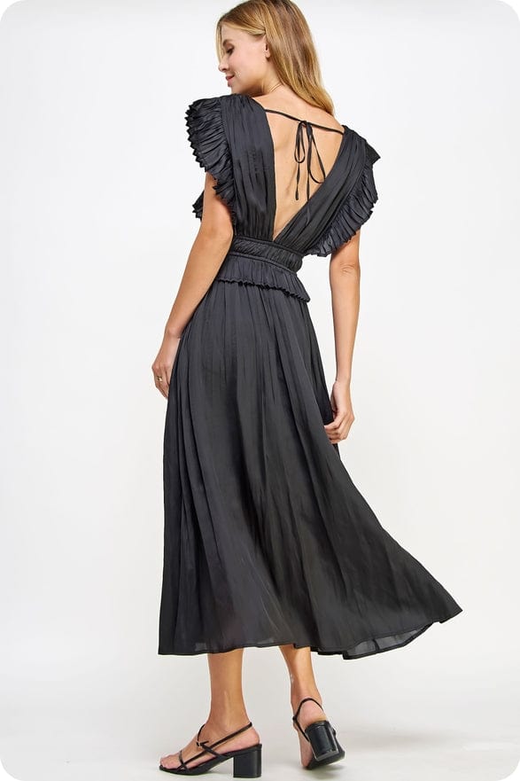 Strut & Bolt Sleeveless Pleated Long Satin Dress in Black Strut & Bolt Sleeveless Pleated Long Satin Dress in Black