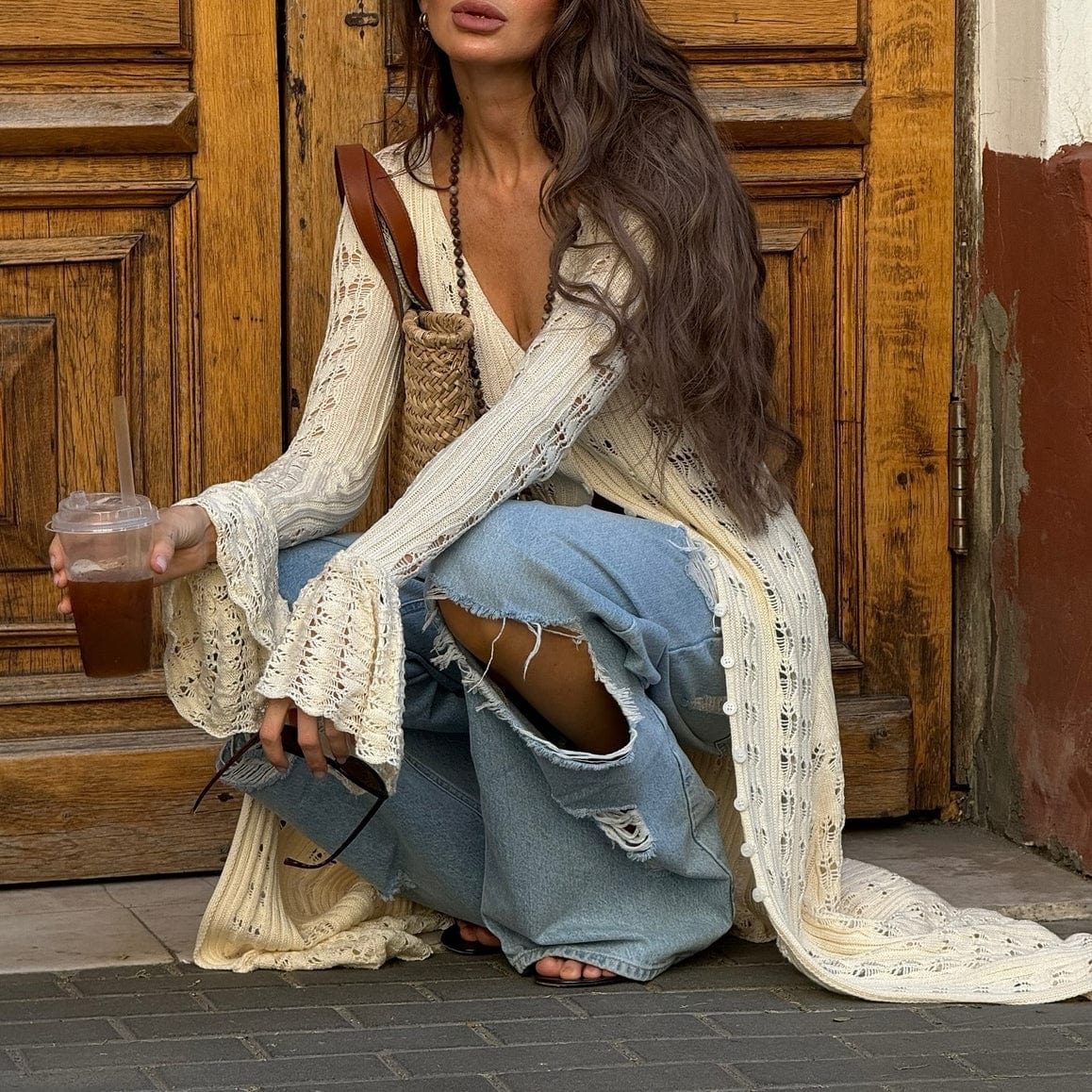 Rosa Clothing Rosa Clothing Y2K Hollow Bell Sleeves Crochet Maxi Cardigan, Apricot - Little Miss Muffin Children & Home