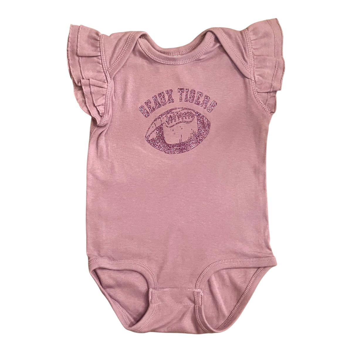 Whereable Art Geaux Tigers Flutter Onesie in Light Violet - Little Miss Muffin Children & Home