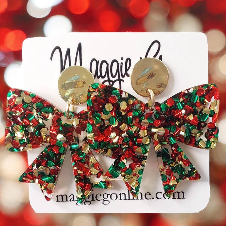 Chunky Multi Color Glitter Bow Christmas Earrings