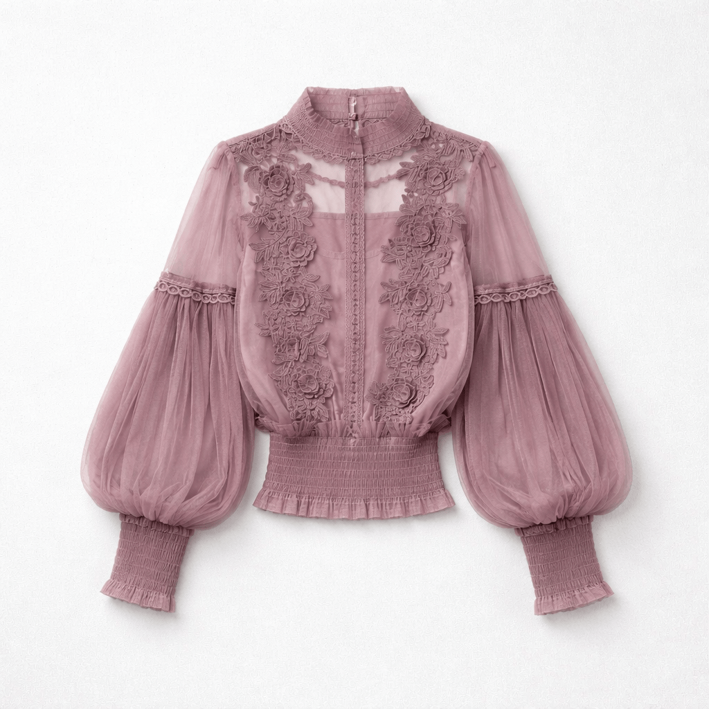 Sheer Vintage Mesh Balloon Sleeve Top with Cami in Coral