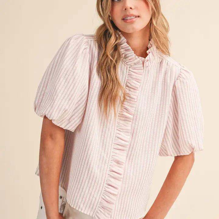 Ruffle Trim Striped Button Down Top in Sweet Pink