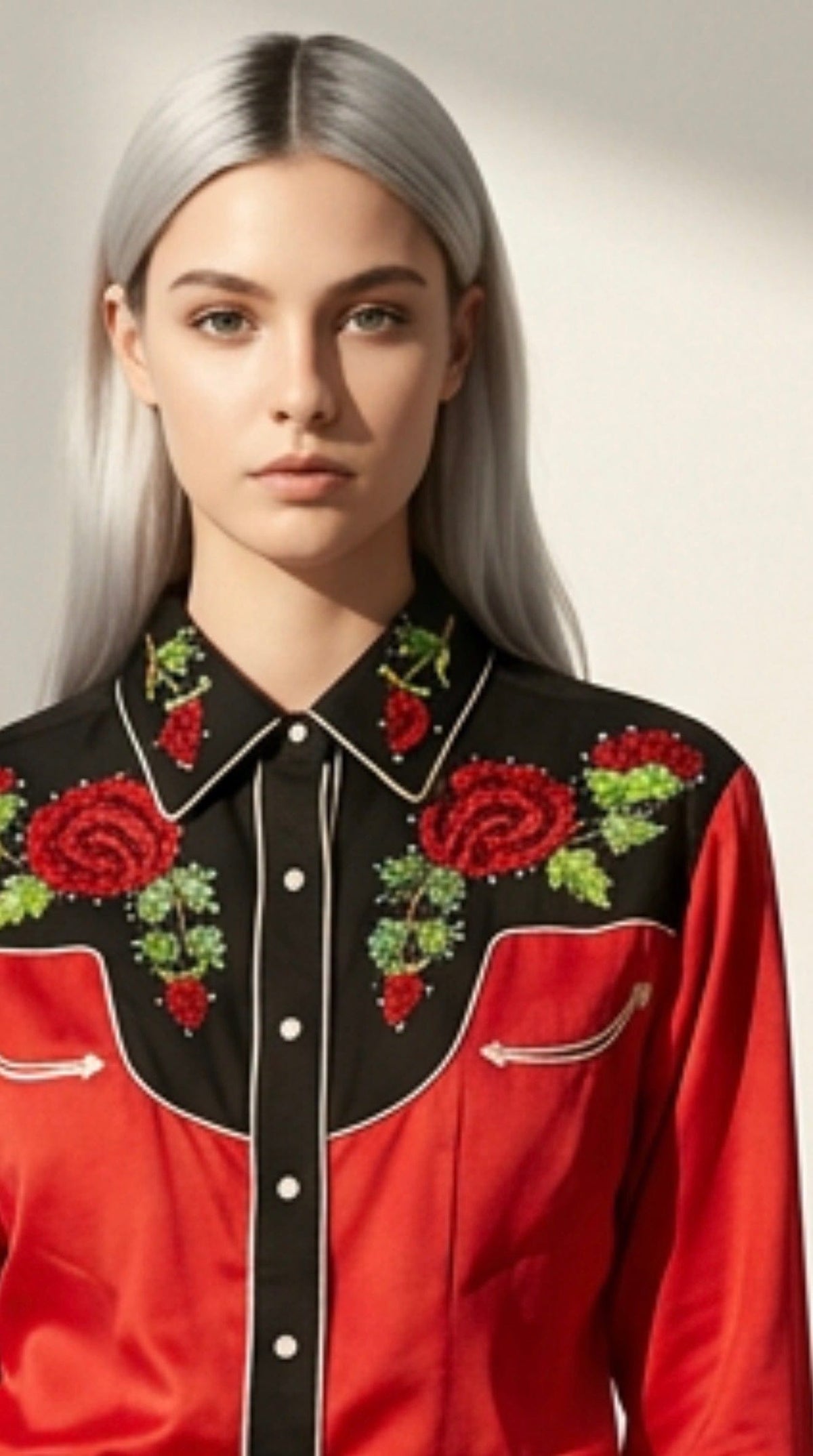 Women's Vintage 2-Tone Red Roses Embroidered Western Shirt