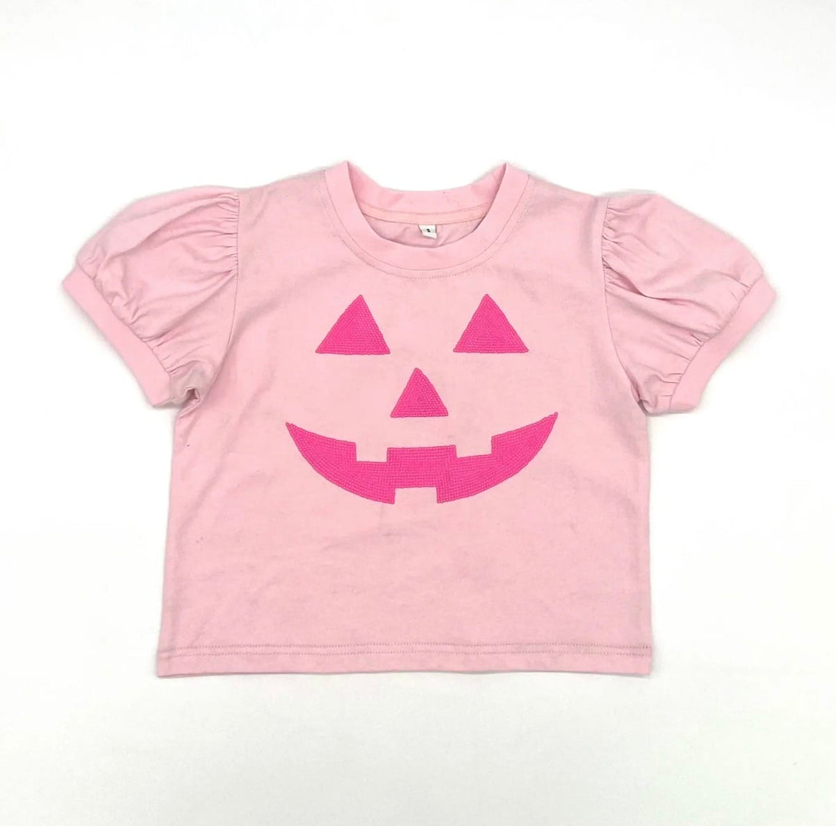 Pink puff sleeve Jack-O-Lantern top for girls