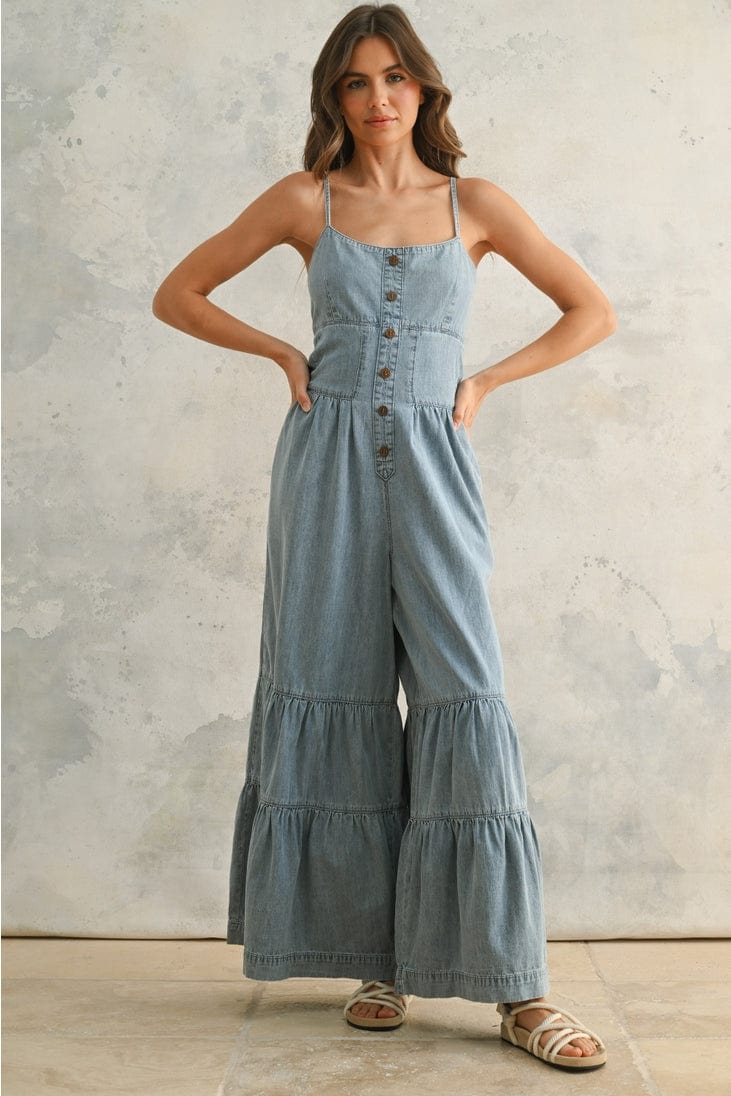 Tiered Bottom Detail Chambray Denim Jumpsuit