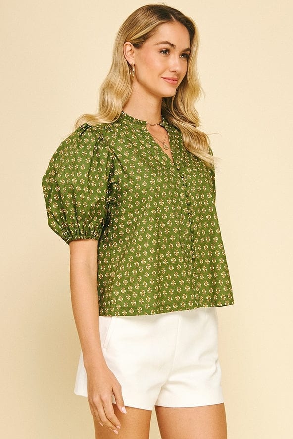 Pinch Olive Floral Print Puffed Sleeve Blouse - Little Miss Muffin Children & Home