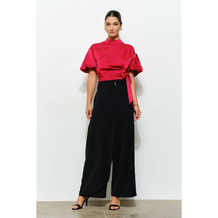 Satin Puff Sleeve High Neck Blouse with Side Sash Tie