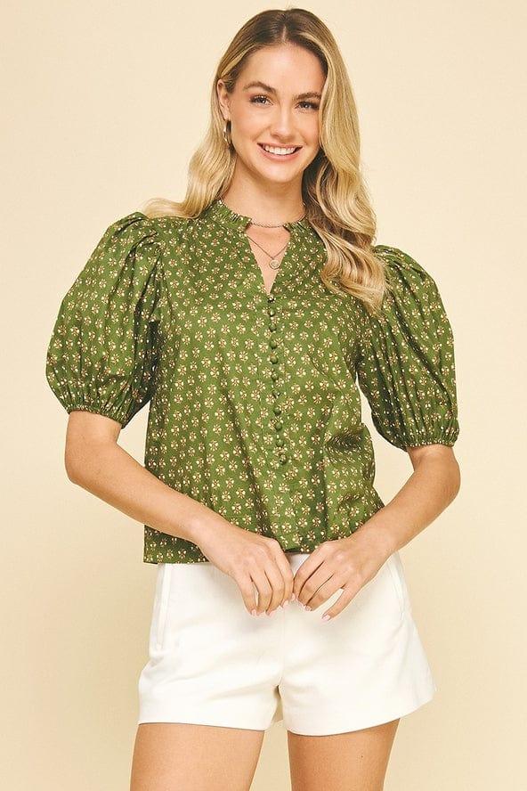 Pinch Olive Floral Print Puffed Sleeve Blouse - Little Miss Muffin Children & Home