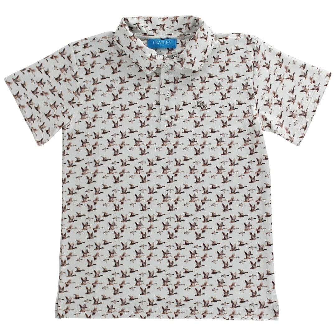 Bailey Boys Henry Short Sleeve Performance Polo, Ducks on Tan - Little Miss Muffin Children & Home