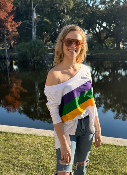 Mardi Gras Creations Mardi Gras Creations Mardi Gras Stripe Off Shoulder Jersey Top in Off White - Little Miss Muffin Children & Home