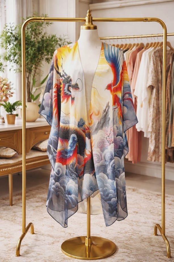 Multicolor Dragon & Phoenix Cloudscape Open-Front Kimono Cover-Up