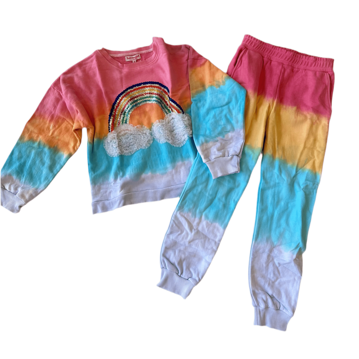 Colorful rainbow-themed sweatshirt and pants set