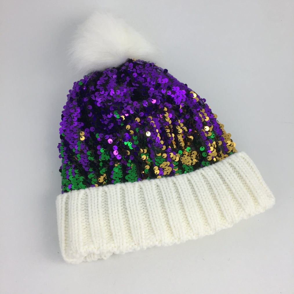 SongLily SongLily Mardi Gras Sequin Beanie Hat with Pom Pom - Little Miss Muffin Children & Home