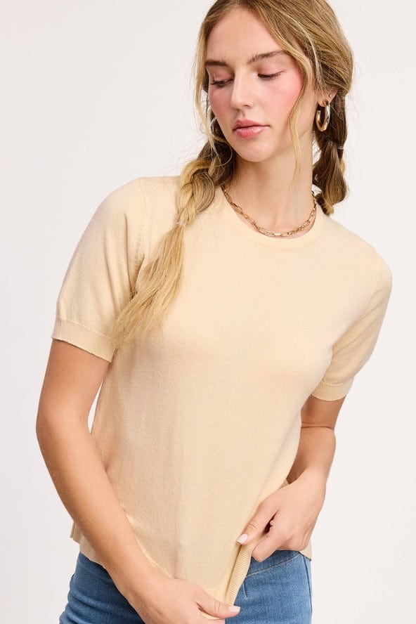 La Miel La Miel Short Sleeve Knit Sweater in Soy Latte - Little Miss Muffin Children & Home