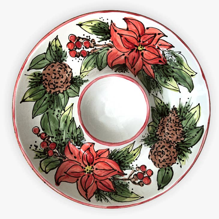 Magnolia Creative Co Christmas Wreath Chip and Dip, hand-painted poinsettias and pinecones
