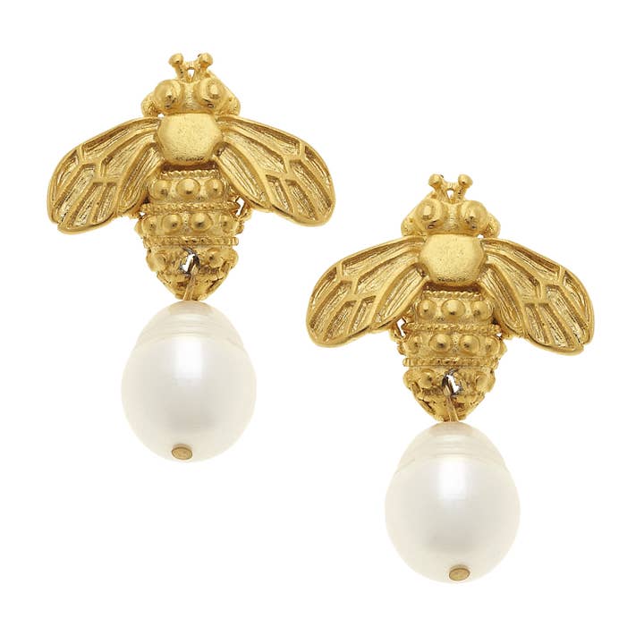 Susan Shaw Gold Bee and Genuine Freshwater Pearl Drop Earrings - Little Miss Muffin Children & Home