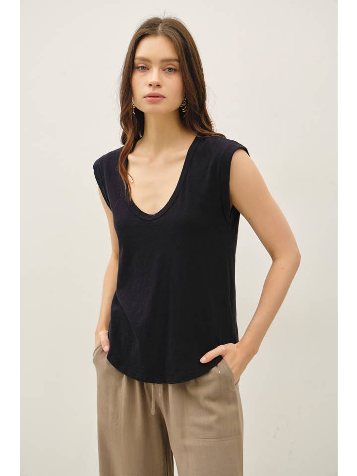 Garment Dyed Scoop V-Neck Cap Sleeve Top, 8 Available Colors