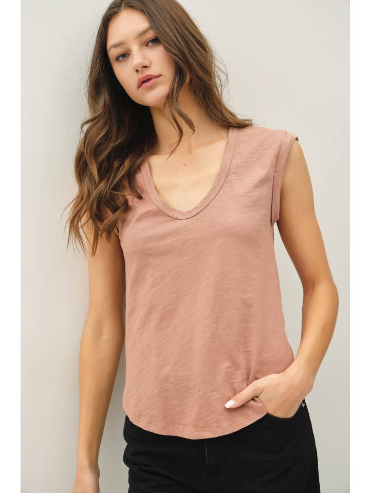 Garment Dyed Scoop V-Neck Cap Sleeve Top, 8 Available Colors