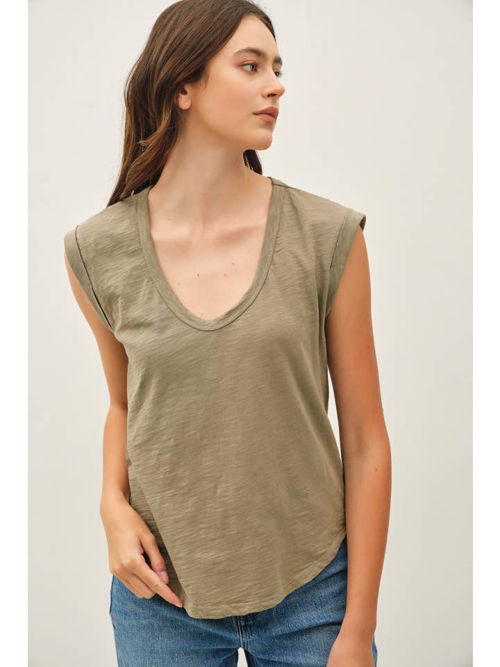 Garment Dyed Scoop V-Neck Cap Sleeve Top, 8 Available Colors