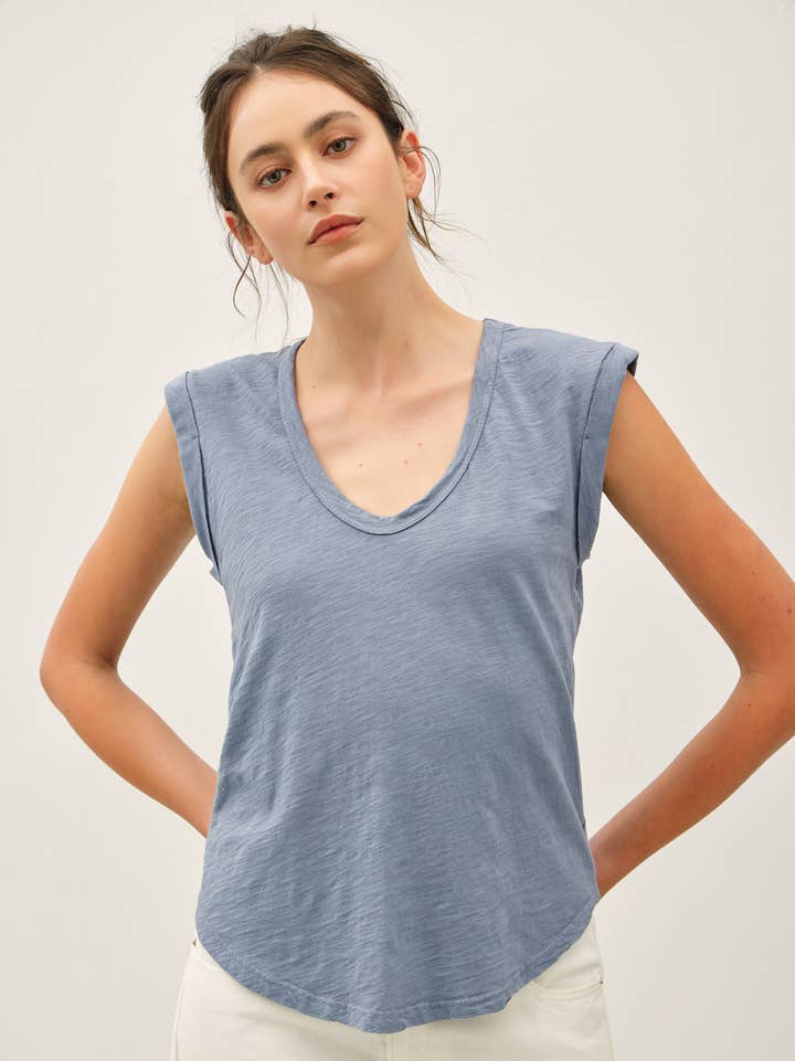 Garment Dyed Scoop V-Neck Cap Sleeve Top, 8 Available Colors