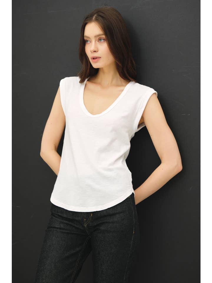Garment Dyed Scoop V-Neck Cap Sleeve Top, 8 Available Colors
