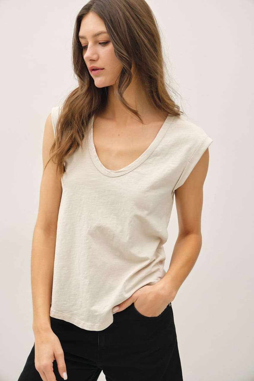 Garment Dyed Scoop V-Neck Cap Sleeve Top, 8 Available Colors