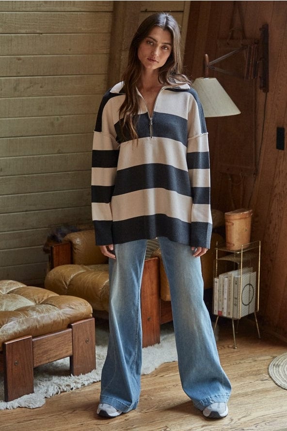 By Together Knit Striped Half Zip Oversized Turtleneck Top - Little Miss Muffin Children & Home