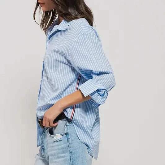 Urban Daizy Urban Daizy Twill Tape Button Down Oversized Stripe Shirt in Blue Stripe - Little Miss Muffin Children & Home