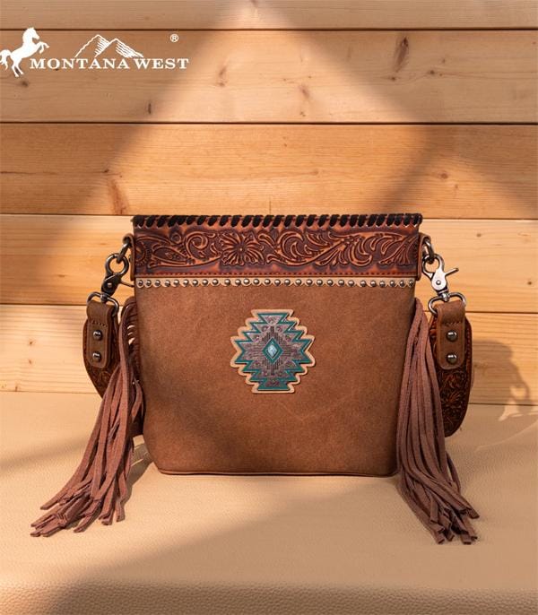 Brown Tooled Aztec Concho Crossbody
