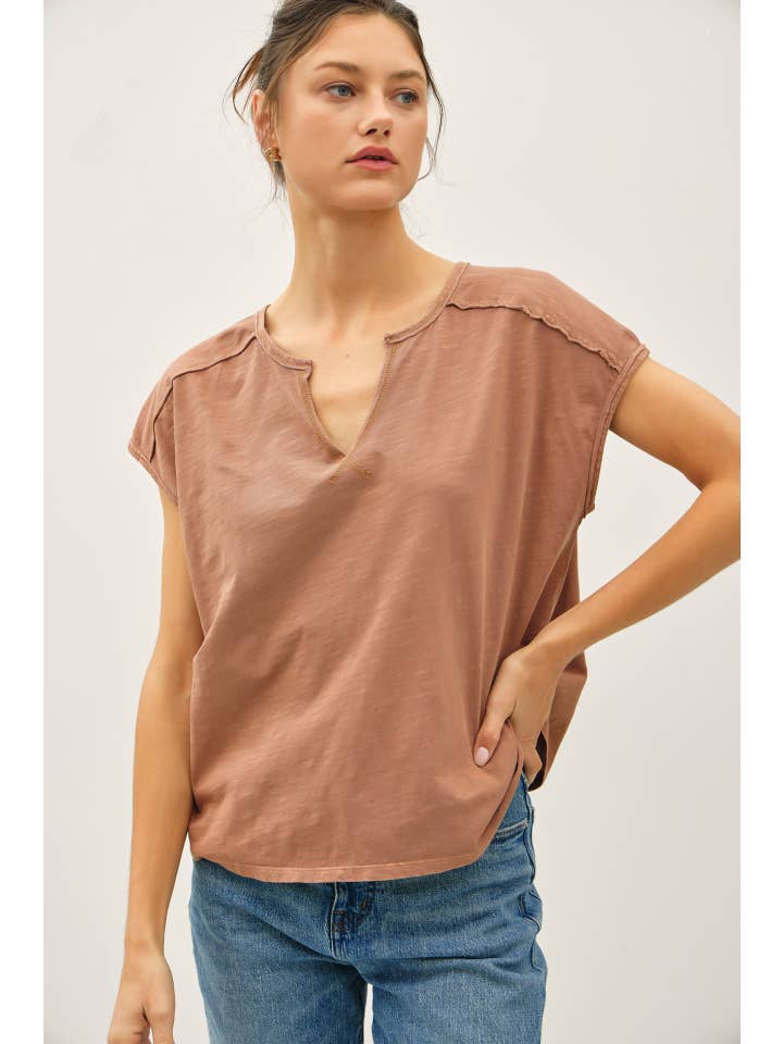 Garment Dyed Oversize Cut Split-V Cotton Slub Tee, 4 Available Colors