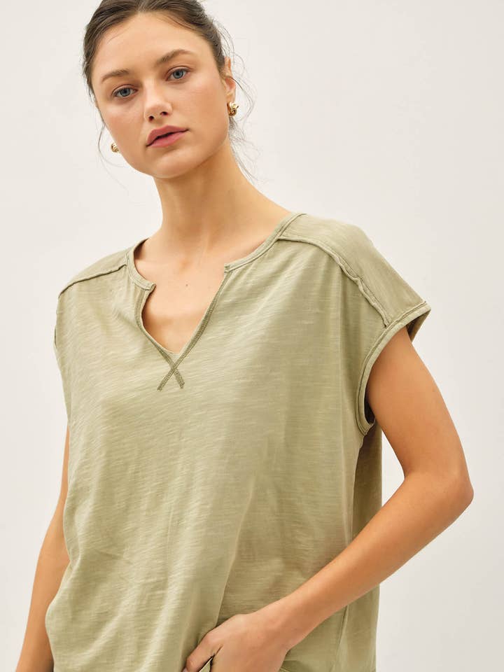 Garment Dyed Oversize Cut Split-V Cotton Slub Tee, 4 Available Colors
