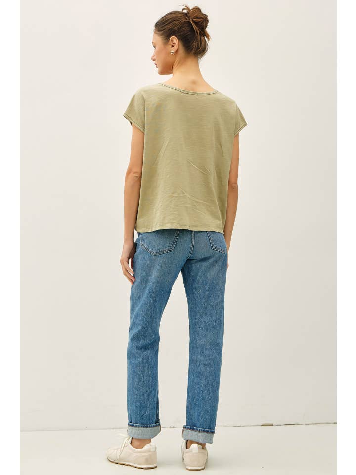Garment Dyed Oversize Cut Split-V Cotton Slub Tee, 4 Available Colors