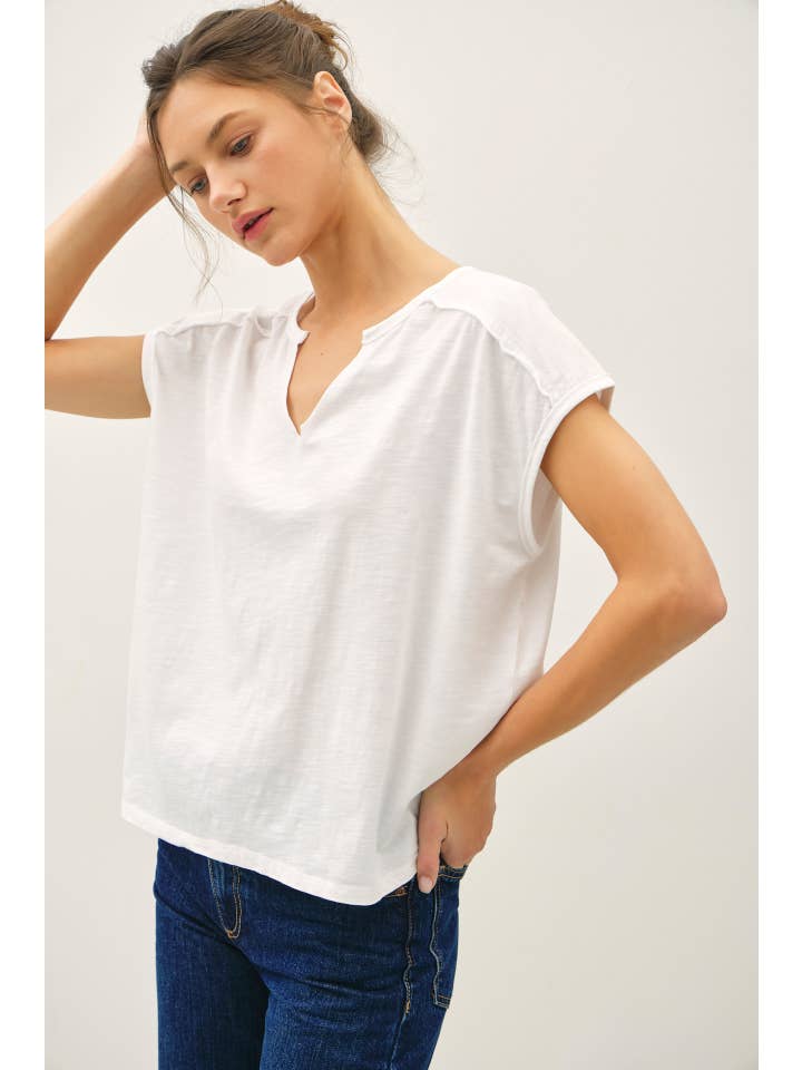 Garment Dyed Oversize Cut Split-V Cotton Slub Tee, 4 Available Colors
