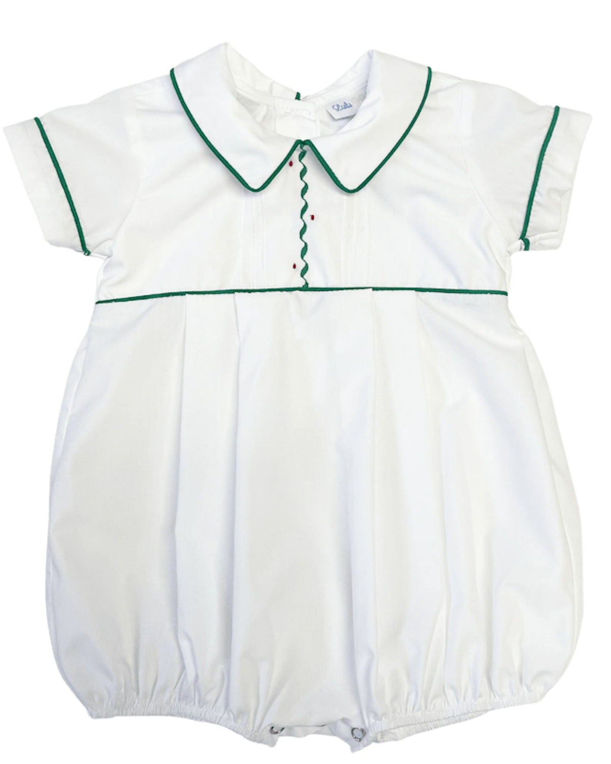 White baby romper with green trim on collar