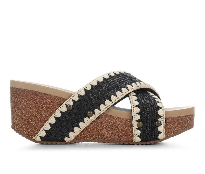 Volatile Antigua Raffia Studded Slide Wedge Sandals in Black