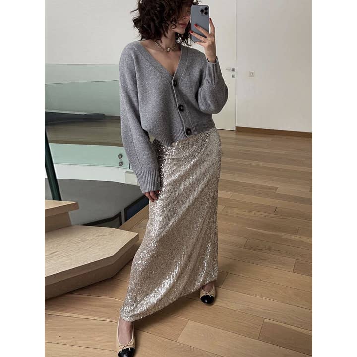 Silver Ladies Sparkle Sequin Party Long Skirt