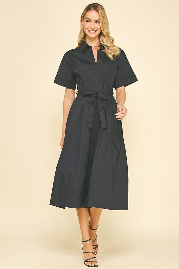 Pinch Short Sleeve Tie Belt Cotton Midi Dress in Ink