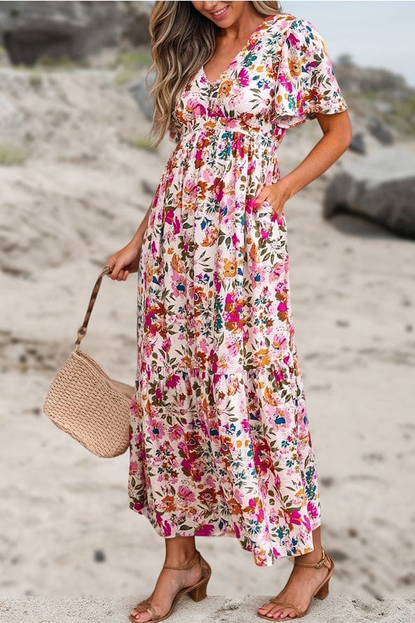 Aapparella Aapparella Floral Short Sleeve V Neck High Waist Maxi Dress - Little Miss Muffin Children & Home