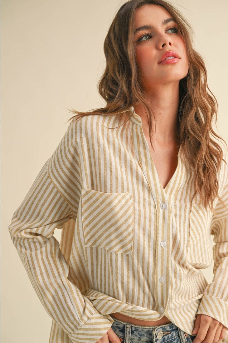 Miou Muse Striped Button Down Boyfriend Shirt in Mustard - Little Miss Muffin Children & Home
