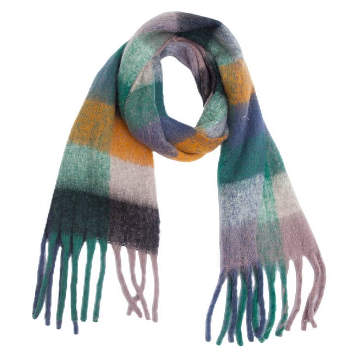 Green/Yellow Chunky Plaid Mohair-Look Scarf with Fringe