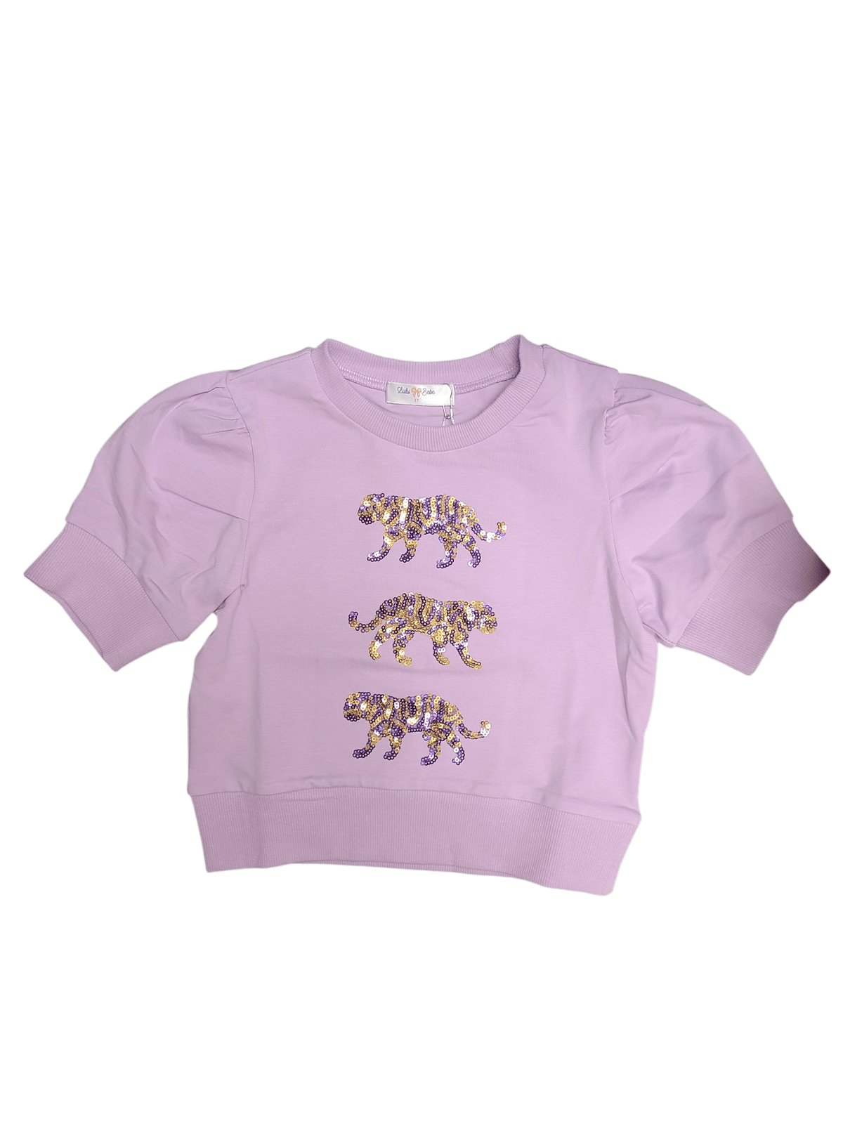 Lulu Bebe Lily Sequin Tiger Short Sleeve Lavender Top - Little Miss Muffin Children & Home