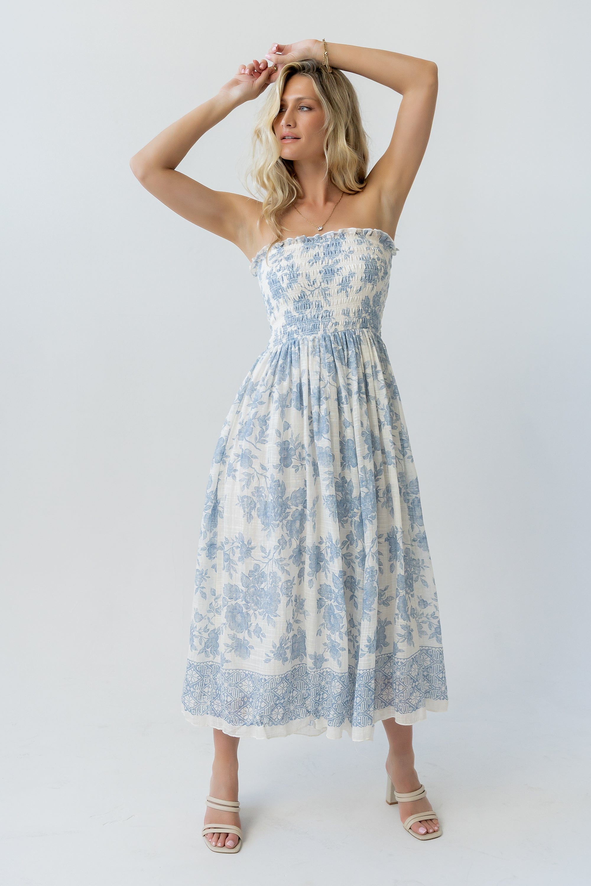 Ivory Blue Floral Smocked Strapless Midi Dress