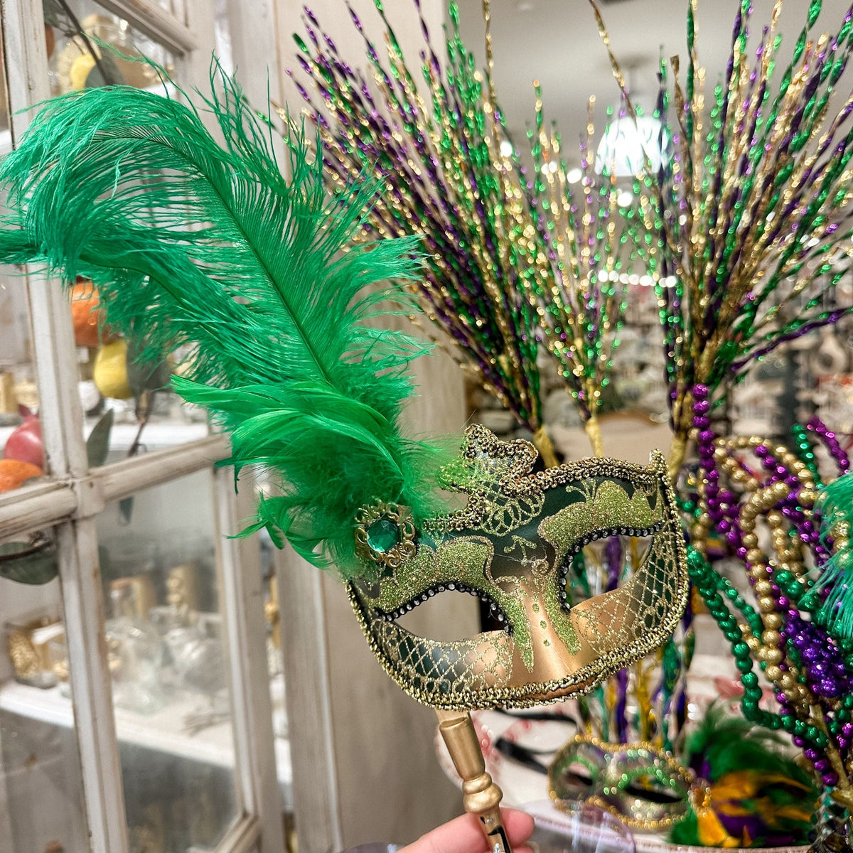 Mardi Gras Creations Green & Gold Anarkali Mask with Feathers & Detachable Stick - Little Miss Muffin Children & Home