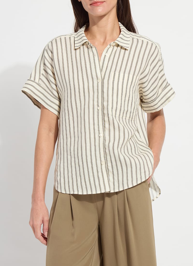Adley Linen Boxy Shirt in Olive Grove Stripe