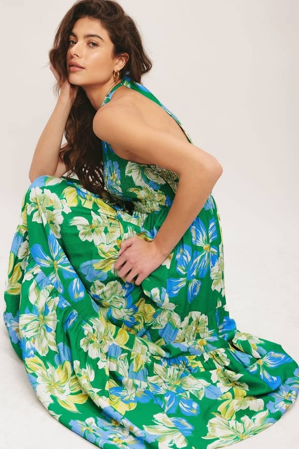 Green Palm Shore Print Woven Maxi Dress