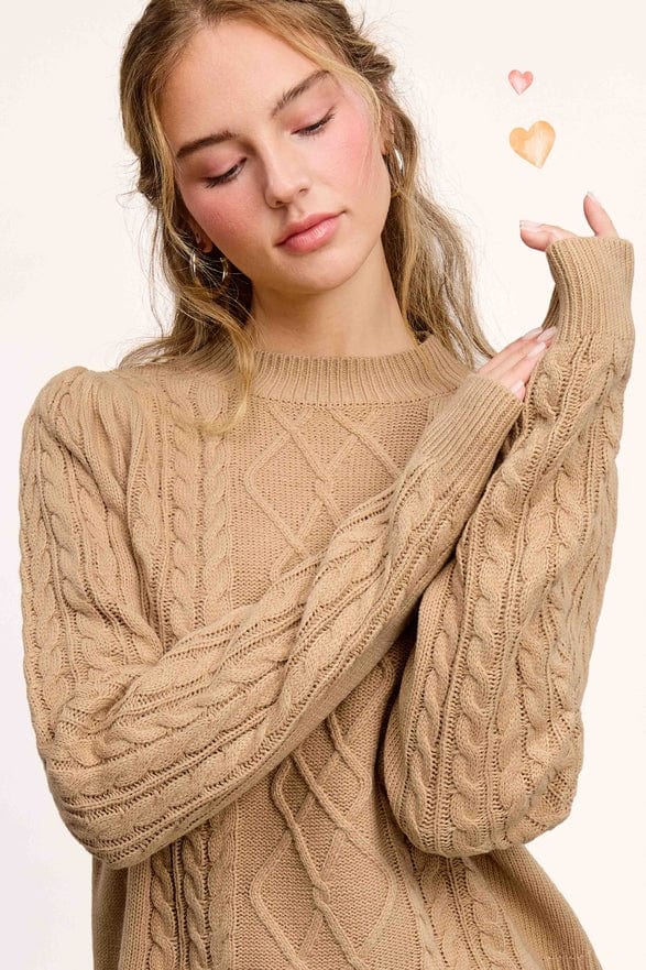 La Miel La Miel Cable Knit Crew Neck Sweater in Crumb Cake - Little Miss Muffin Children & Home